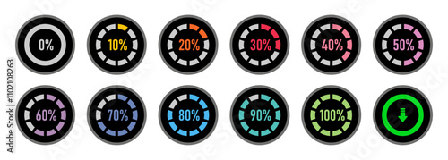 Infographic loading circles and progress circles set with 0 to 100 progress indicator in colorful style. Set of circle percentage diagrams for infographics 0 10 20 30 40 50 60 70 80 90 100 percent.