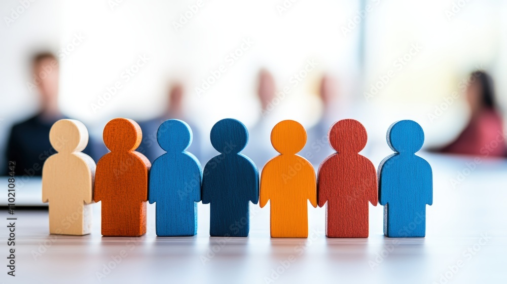 Diverse wooden figures in a row symbolize teamwork in a corporate setting Diverse wooden figures in a row symbolize teamwork in a corporate setting
