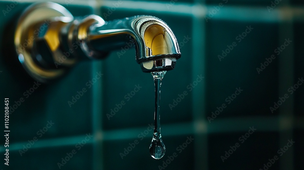 Chrome faucet dripping water against teal tiled background, showcasing water conservation awareness and plumbing maintenance in a modern bathroom setting. Chrome faucet dripping water against teal tiled background, showcasing water conservation awareness and plumbing maintenance in a modern bathroom setting.