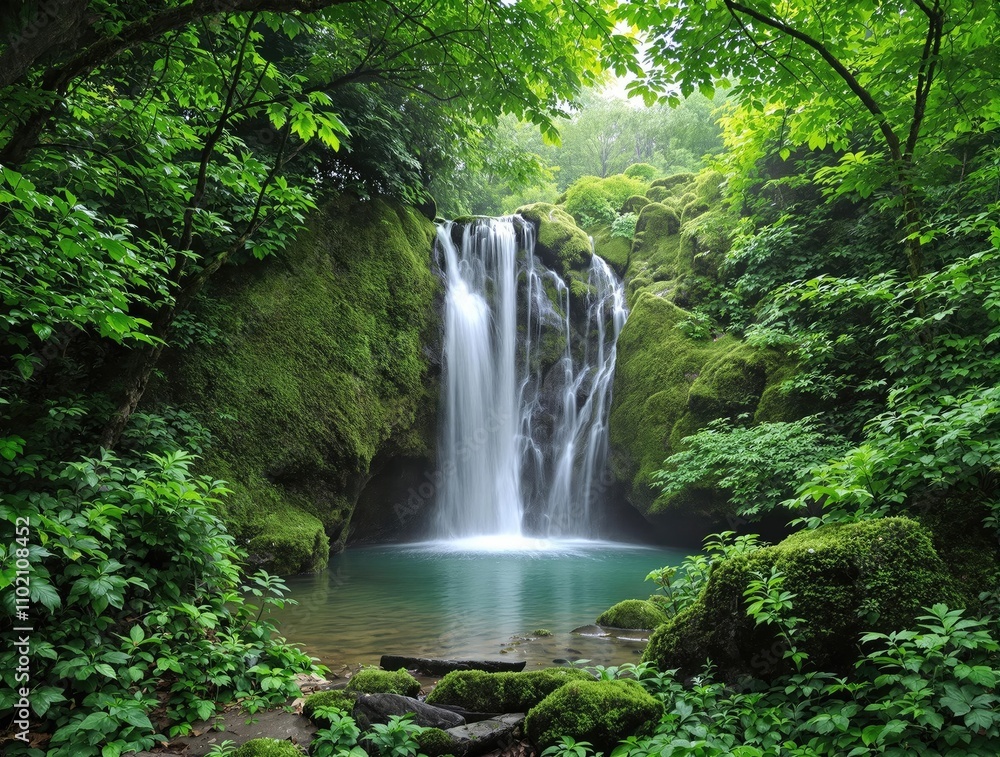 A tranquil oasis with a pristine waterfall and emerald-green foliage, foliage, untouched, tropical A tranquil oasis with a pristine waterfall and emerald-green foliage, foliage, untouched, tropical