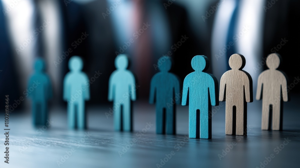 Diverse wooden figures in a row symbolize teamwork in a corporate setting Diverse wooden figures in a row symbolize teamwork in a corporate setting