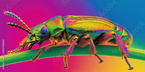 Vibrant Jewel Scarab Beetle on a Blade of Grass. photo