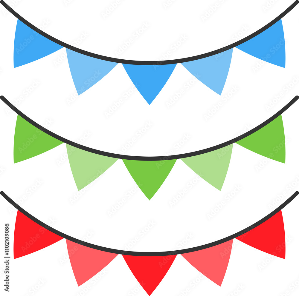 Three strings of triangular pennant flags in blue, light blue, green, light green, red, and pink colors.
Three strings of triangular pennant flags in blue, light blue, green, light green, red, and pink colors.