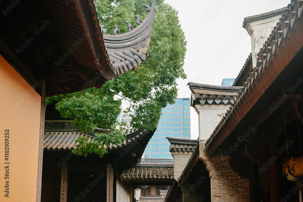 Early summer scenery of the ancient architecture at Qita Buddhist Temple in Ningbo, Zhejiang, China Early summer scenery of the ancient architecture at Qita Buddhist Temple in Ningbo, Zhejiang, China