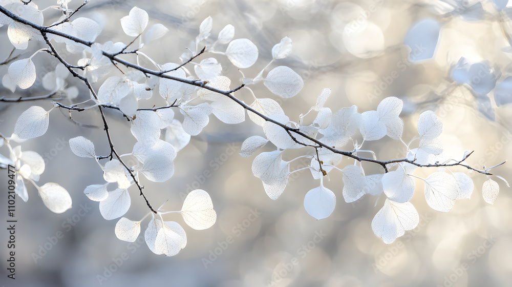 Fototapeta premium Ethereal Dance of White Branches and Leaves in the Gentle Breeze: A Symphony of Nature's Grace