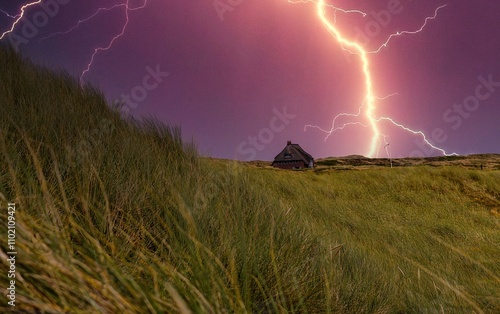 Obraz na płótnie Lightning strike in the dunes on the Elbow on Sylt w salonie