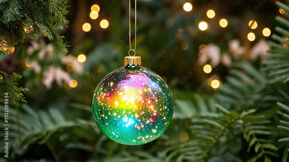Glowing christmas ornament in a lush garden setting with festive lights Glowing christmas ornament in a lush garden setting with festive lights