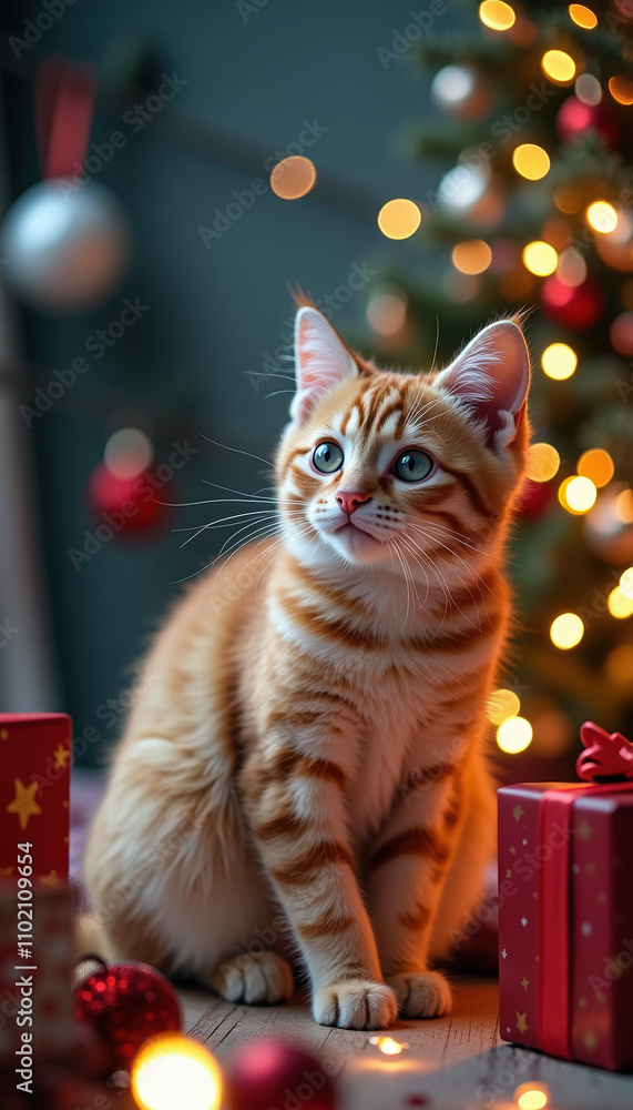 Sweet cat with a Santa hat amid the holiday decorations, perfect for Christmas cards. Sweet cat with a Santa hat amid the holiday decorations, perfect for Christmas cards.