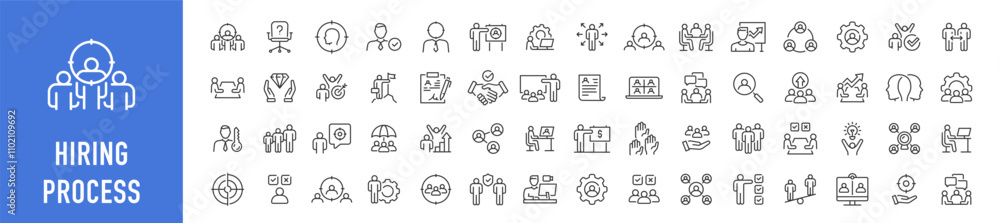 Hiring Process web icons in line style. Human resources, training, work, job, candidates, collection. Vector illustration.