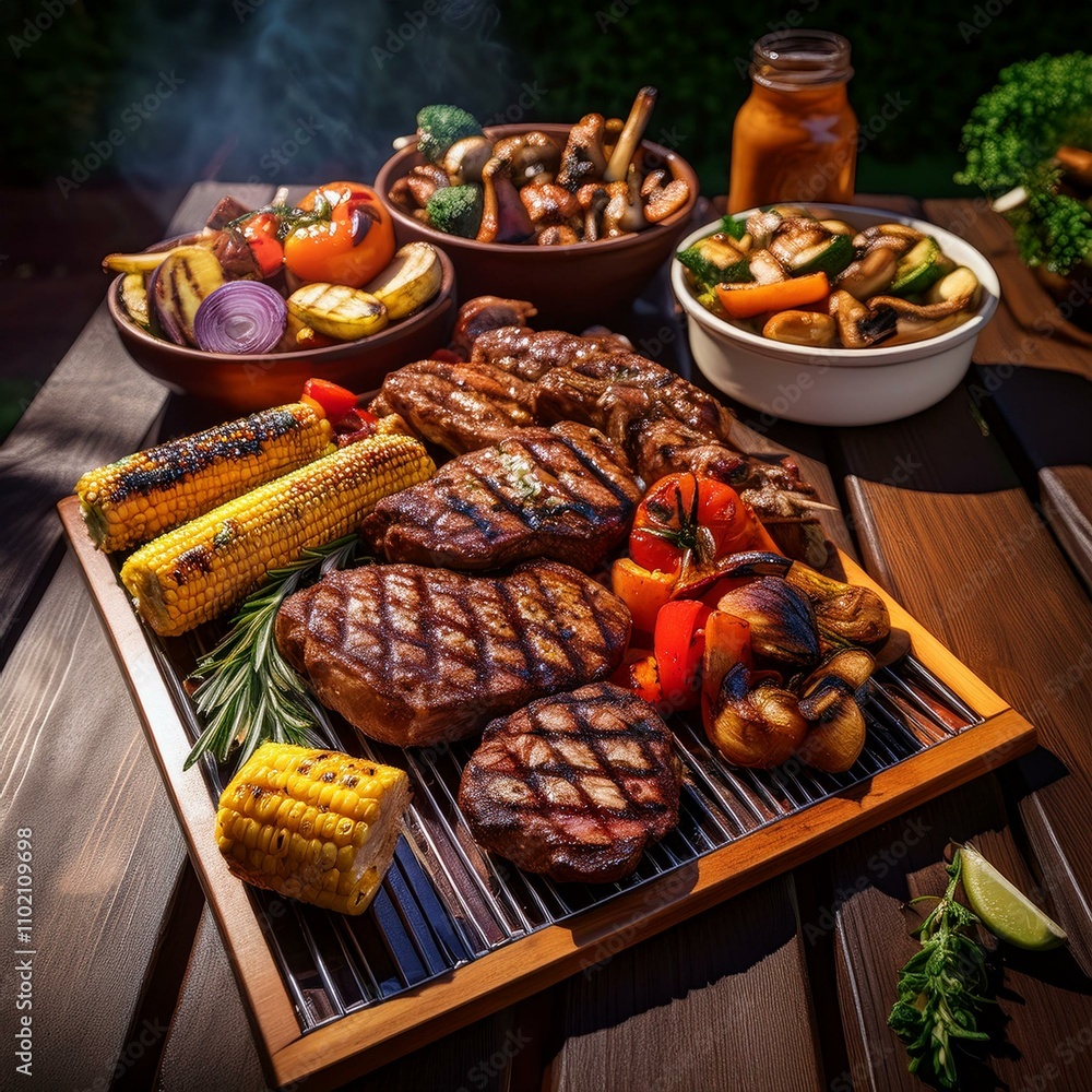 Grilled meats and vegetables in a flavorful barbecue spread, showcasing perfect grill marks and vibrant colors, ideal for summer feasts Grilled meats and vegetables in a flavorful barbecue spread, showcasing perfect grill marks and vibrant colors, ideal for summer feasts