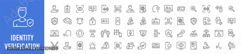 Identity and Verification web icons in line style. Passport, biometric, tools, driving license, face id, code, finger, collection. Vector illustration.