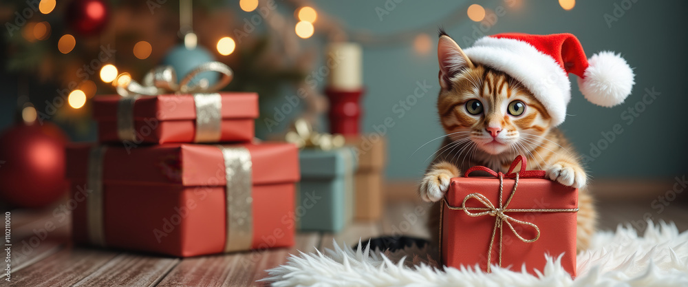 Sweet cat with Christmas gifts, wearing a Santa hat, ideal for festive banners. Sweet cat with Christmas gifts, wearing a Santa hat, ideal for festive banners.