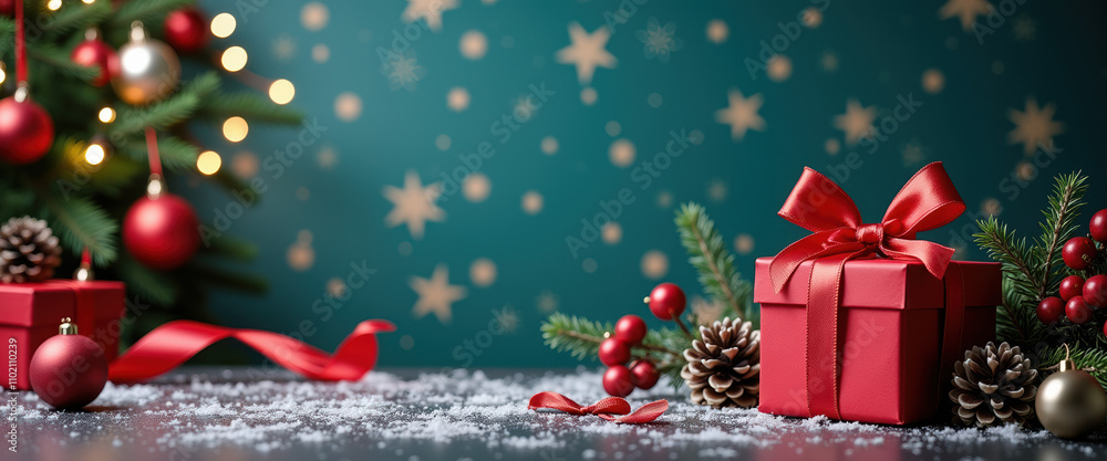 Elegant winter scene banner with blue background and Christmas tree, providing space for New Year greetings. Elegant winter scene banner with blue background and Christmas tree, providing space for New Year greetings.