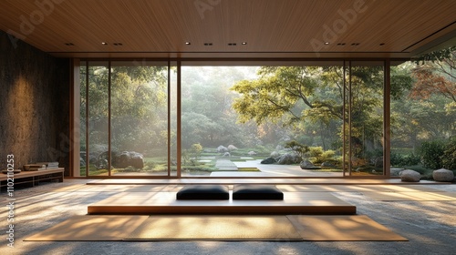 Room for meditation  with huge windows  yoga cushions on the floor and beautiful zen garden outside 
