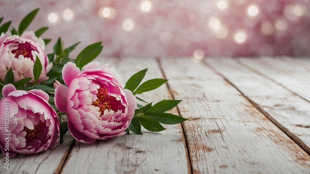 Pink peony flowers bouquet on rustic white wash wood board mockup surface with bokeh background Pink peony flowers bouquet on rustic white wash wood board mockup surface with bokeh background