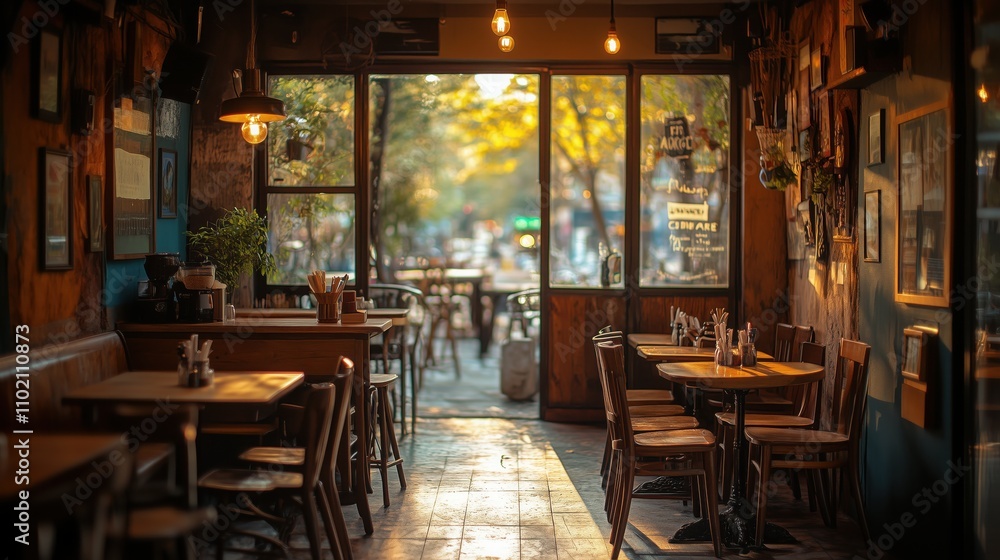 The charming cafe basks in sunlight, casting a warm glow on the empty wooden tables and chairs, creating an inviting atmosphere for guests The charming cafe basks in sunlight, casting a warm glow on the empty wooden tables and chairs, creating an inviting atmosphere for guests
