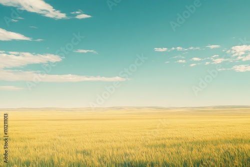 Vast Lush Paddy Field Stretching to the Horizon with Swaying Golden green Rice Plants and Clear Blue Sky Above