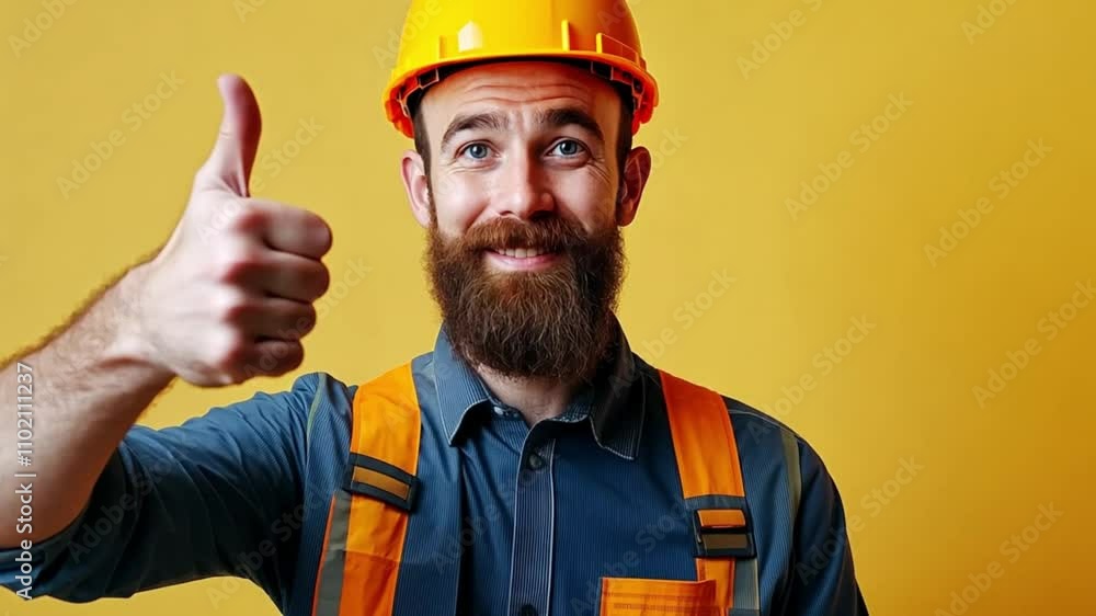 A man in a hard hat and work clothes gives a thumbs up. A man in a hard hat and work clothes gives a thumbs up.