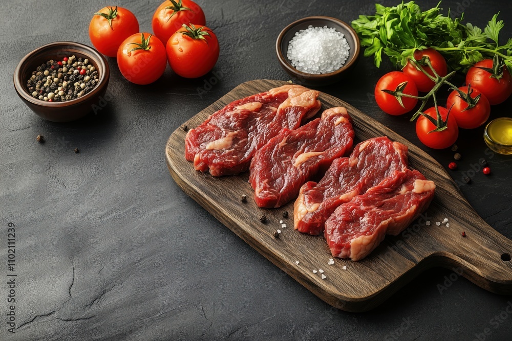 Three raw beef steaks are resting on a wooden cutting board with tomatoes, herbs, salt, pepper, and olive oil, waiting to be prepared Three raw beef steaks are resting on a wooden cutting board with tomatoes, herbs, salt, pepper, and olive oil, waiting to be prepared