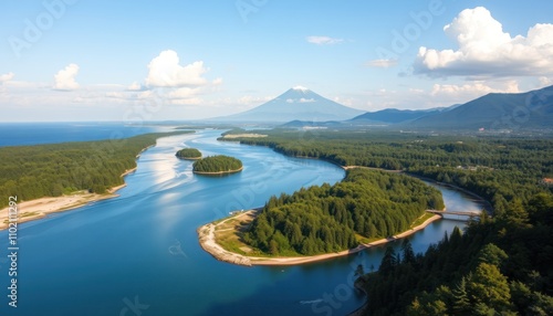 Aerial view of a serene river winding through lush green forests and islands, culminating in a majestic mountain range under a vibrant blue sky.