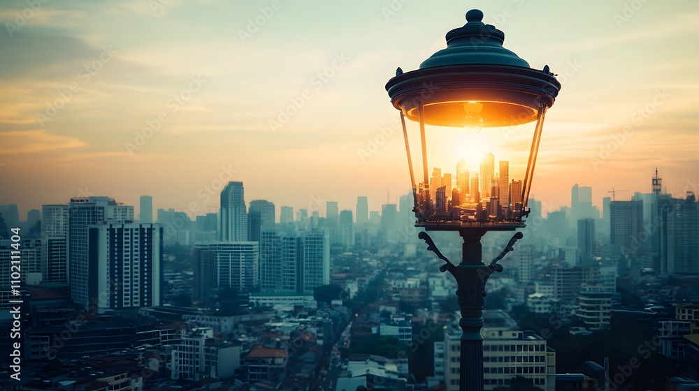 Double exposure image of a glowing lamp with a cityscape emerging inside, symbolizing hope and progress. The background features a soft gradient of sunrise colors, reflecting a sense of new Double exposure image of a glowing lamp with a cityscape emerging inside, symbolizing hope and progress. The background features a soft gradient of sunrise colors, reflecting a sense of new