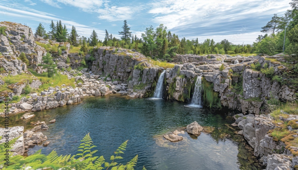 Tranquil waterfall flowing into a serene pool surrounded by lush ferns and mossy stones Tranquil waterfall flowing into a serene pool surrounded by lush ferns and mossy stones