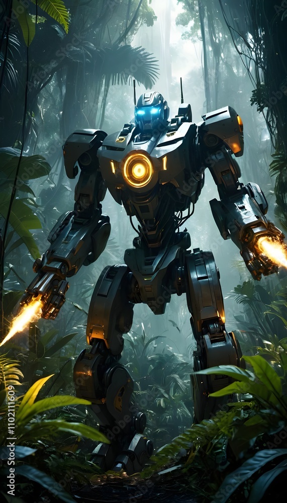 Fototapeta premium Mecha Robot in Jungle: Futuristic Robot Exploring a Lush Tropical Forest.