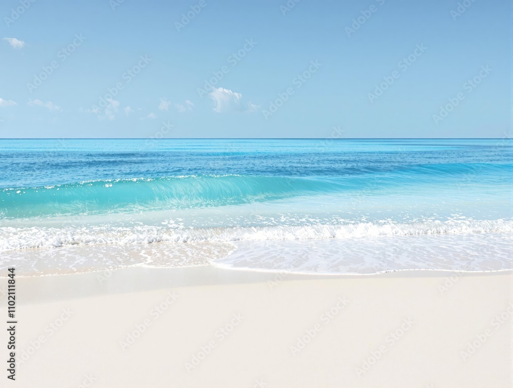 A serene wave gently laps at the shore of a pristine white sand beach with soft blue hues and calm ocean waters., beautiful blue ocean waves, soft blue ocean, soothing sea scene A serene wave gently laps at the shore of a pristine white sand beach with soft blue hues and calm ocean waters., beautiful blue ocean waves, soft blue ocean, soothing sea scene