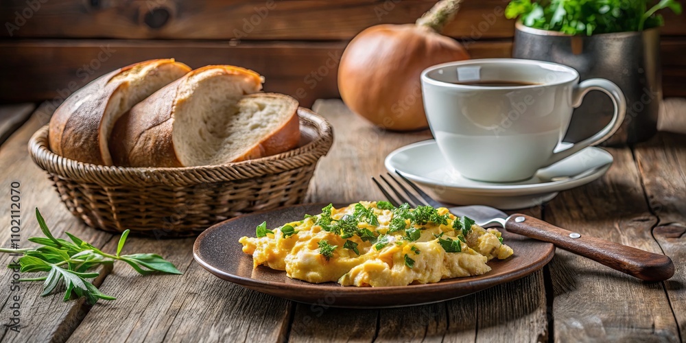 Fresh Breakfast with Scrambled Eggs and Coffee Fresh Breakfast with Scrambled Eggs and Coffee