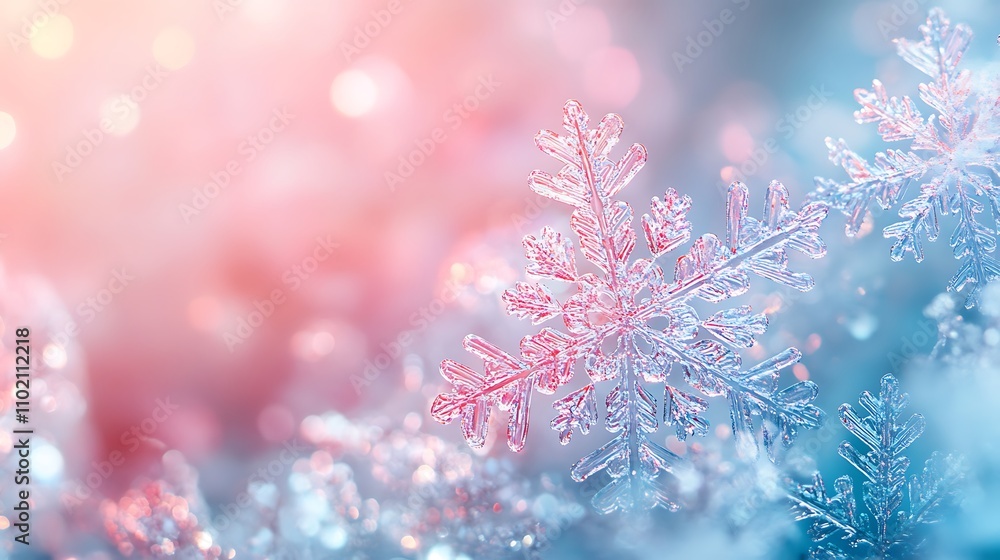 Holographic snowflake design in soft pastel tones against a white winter theme Holographic snowflake design in soft pastel tones against a white winter theme