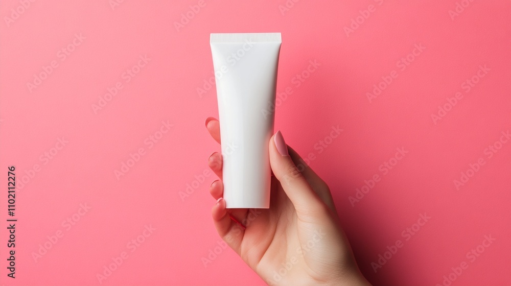 Hand holding a white cosmetic tube against a vibrant pink background, showcasing minimalist beauty product presentation for skincare or makeup branding. Hand holding a white cosmetic tube against a vibrant pink background, showcasing minimalist beauty product presentation for skincare or makeup branding.