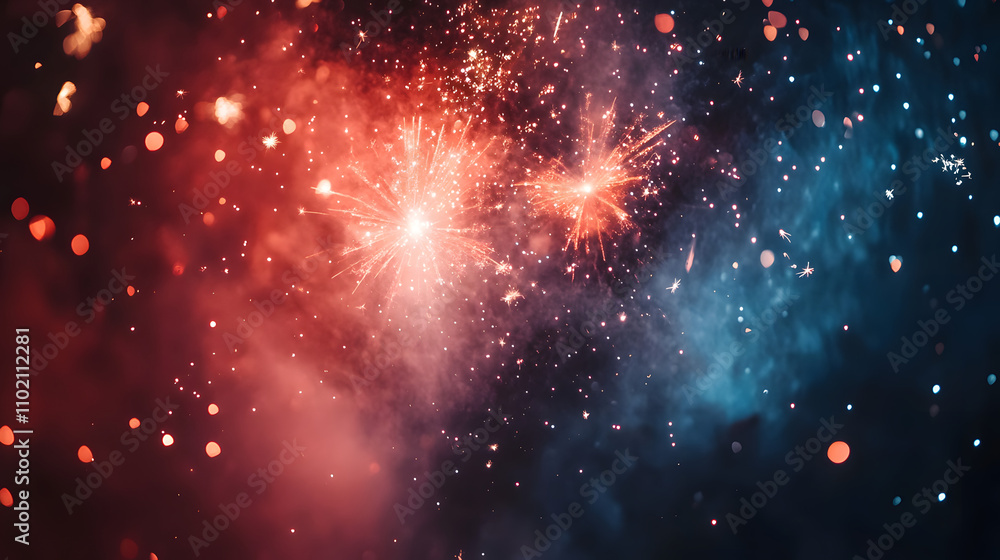 Fourth of July Fireworks Celebration Background with Red and Blue Stars. Fourth of July Fireworks Celebration Background with Red and Blue Stars.