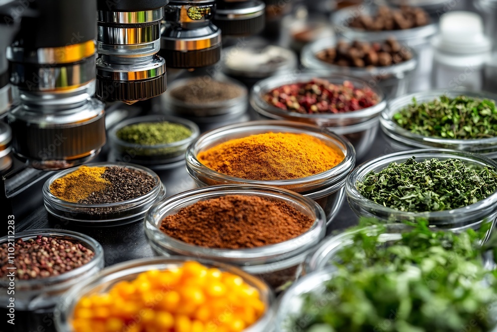 Assortment of Culinary Spices and Herbs Arranged in Glass Containers on Laboratory Table Assortment of Culinary Spices and Herbs Arranged in Glass Containers on Laboratory Table
