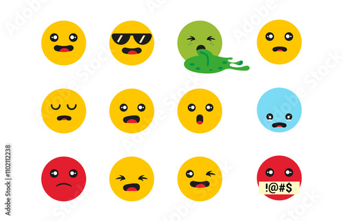 Twelve emoji faces in a 3x4 grid, each with different expressions: happy, sunglasses, vomiting, sad, neutral, surprised, shocked, sad, angry, sleeping, winking, and censored.
 photo