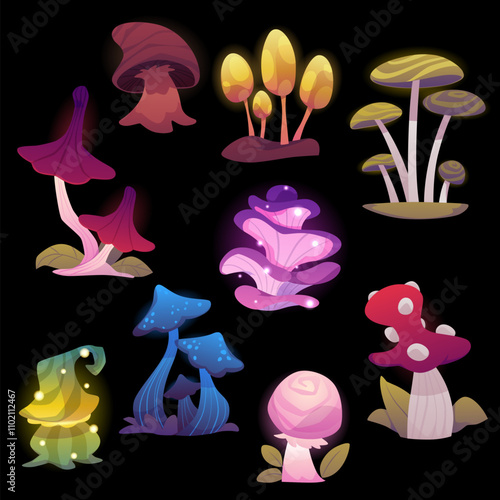 Fantasy mushrooms vector illustration set