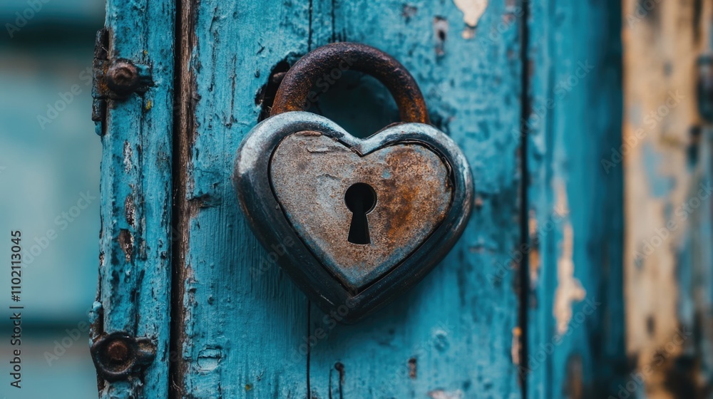 A heart-shaped lock, symbolizing opening one’s heart to God’s love. Rusty lock on weathered surface. A heart-shaped lock, symbolizing opening one’s heart to God’s love. Rusty lock on weathered surface.