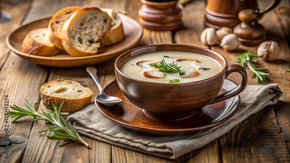 Creamy Soup with Fresh Bread on Rustic Table Creamy Soup with Fresh Bread on Rustic Table