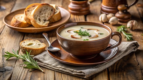 Creamy Soup with Fresh Bread on Rustic Table