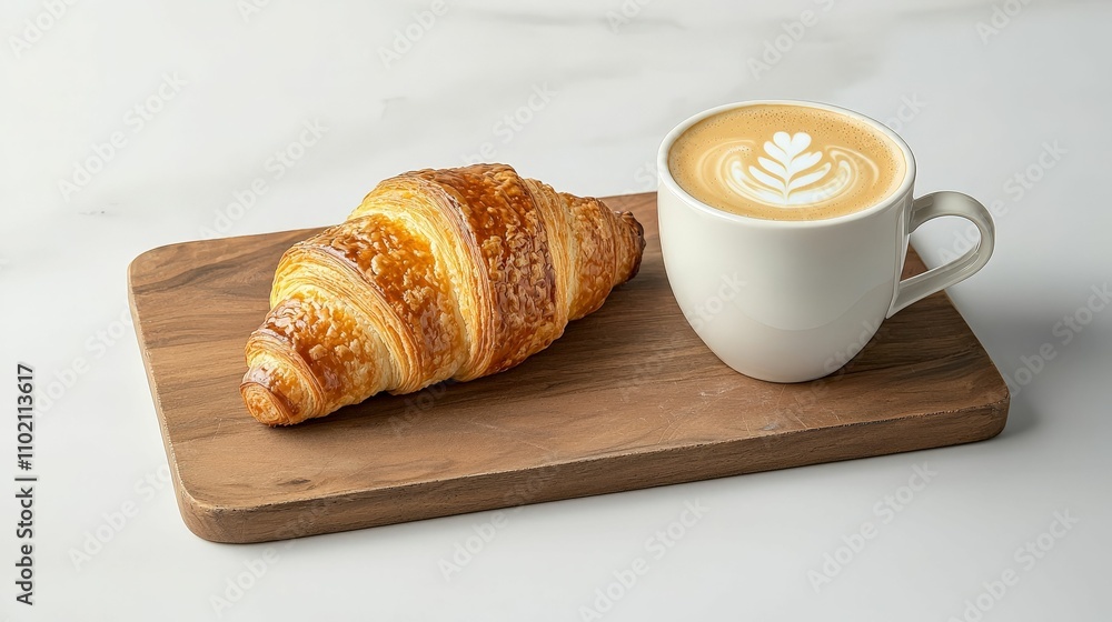 coffee and bakery concept. Fresh croissant served with a latte on a wooden board. coffee and bakery concept. Fresh croissant served with a latte on a wooden board.