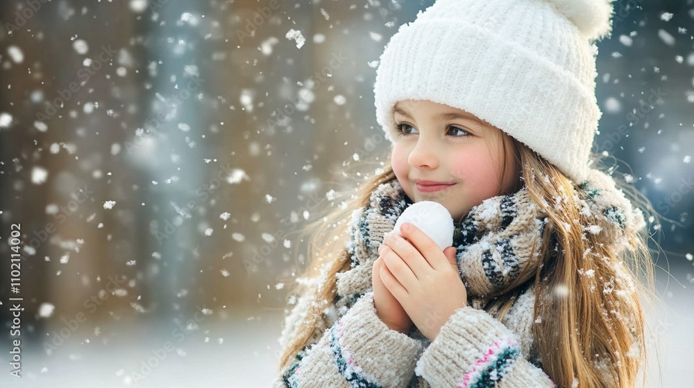 Joyful child enjoying winter wonderland, holding snowball with mittened hands, wearing cozy white hat and patterned scarf, snowflakes falling gently around. Joyful child enjoying winter wonderland, holding snowball with mittened hands, wearing cozy white hat and patterned scarf, snowflakes falling gently around.