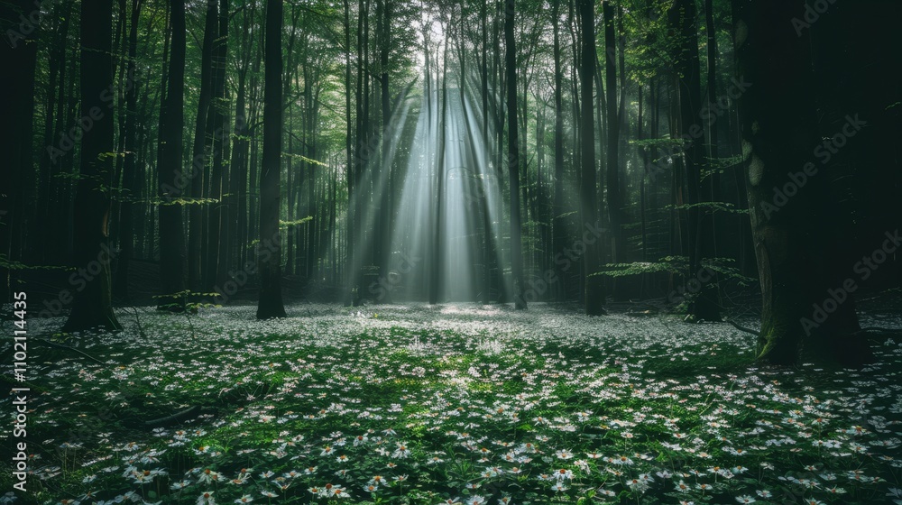 Obraz premium Serene forest clearing with vibrant wildflowers and sunbeams illuminating birds on branches