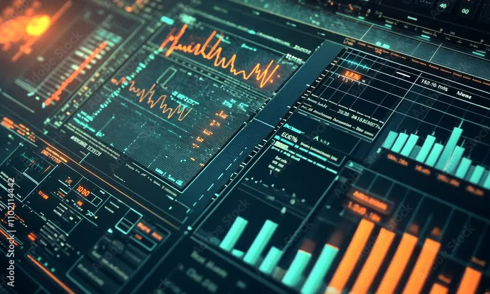 Futuristic Digital Interface with Graphs, Charts, and Data Visualizations in a High-Tech Environment for Business and Technology Applications Futuristic Digital Interface with Graphs, Charts, and Data Visualizations in a High-Tech Environment for Business and Technology Applications