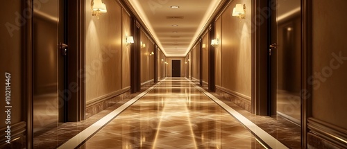 Elegant dimly lit hallway with a sense of mystery and transition  The echoes of distant footsteps add to the serene and contemplative atmosphere