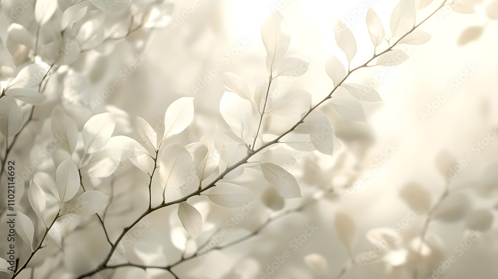 Naklejka premium Ethereal Dance of White Branches and Leaves in the Gentle Breeze: A Symphony of Nature's Grace