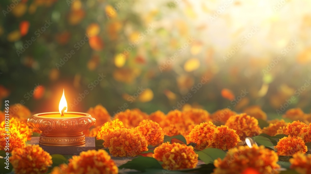 Traditional Indian background with diya lamp on podium and marigold flowers. Hindu Puja. Festival Vishu celebration. Template with copy space for holiday Ugadi, Gudi Padwa, Diwali or Day of the Dead Traditional Indian background with diya lamp on podium and marigold flowers. Hindu Puja. Festival Vishu celebration. Template with copy space for holiday Ugadi, Gudi Padwa, Diwali or Day of the Dead