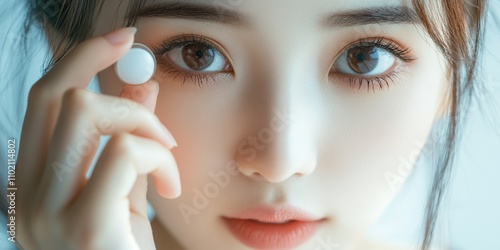 Close up of hand with contact lens photo