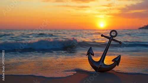 An anchor resting on a peaceful beach at sunrise or sunset. Symbol of tranquility and grounding in faith. photo