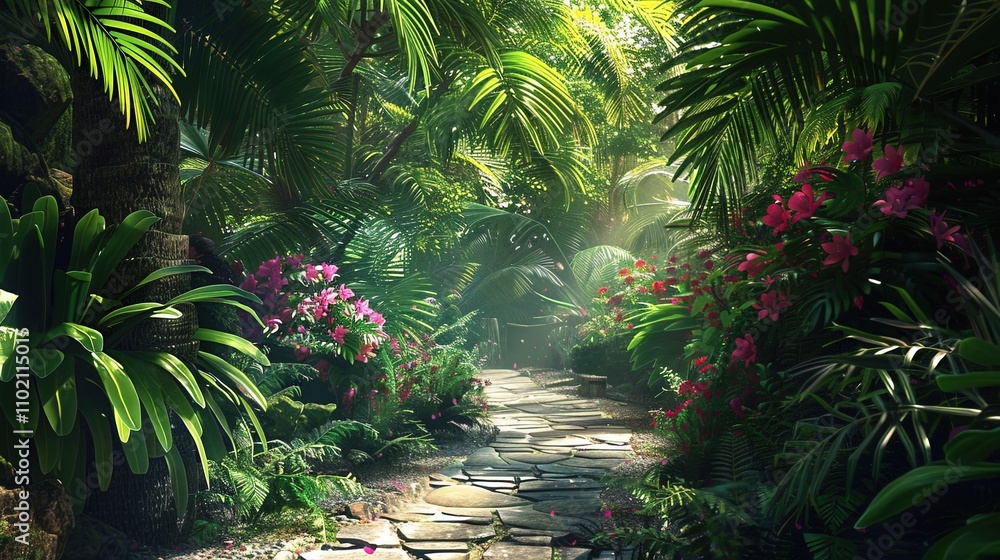 Stone path leading through lush tropical jungle paradise Stone path leading through lush tropical jungle paradise