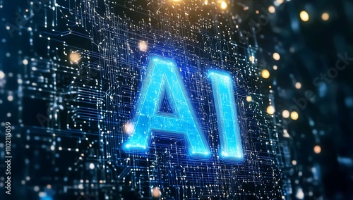 AI glowing in digital circuitry surrounded by luminous particles at dusk