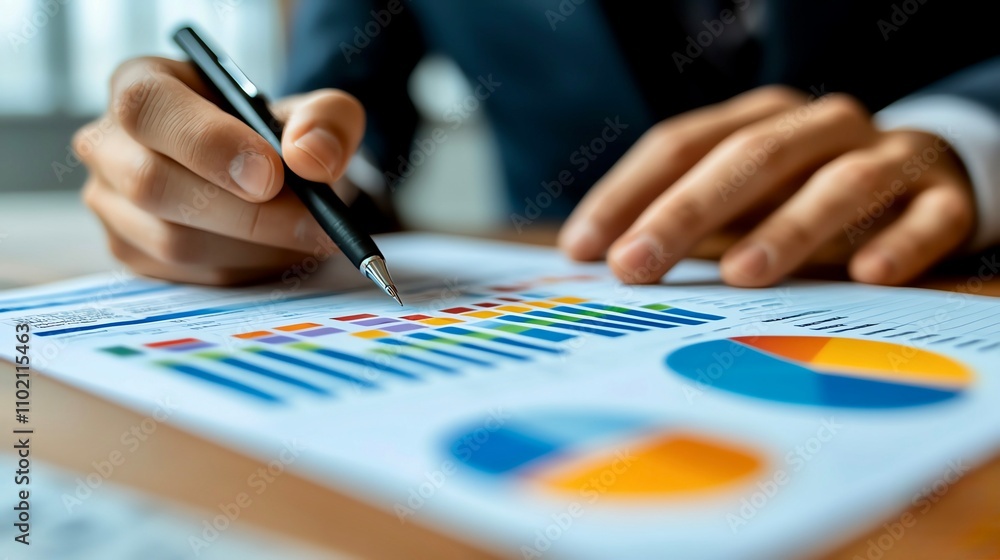 Close-up of hands analyzing colorful business graphs and charts, highlighting financial strategy and data-driven decision-making. Close-up of hands analyzing colorful business graphs and charts, highlighting financial strategy and data-driven decision-making.